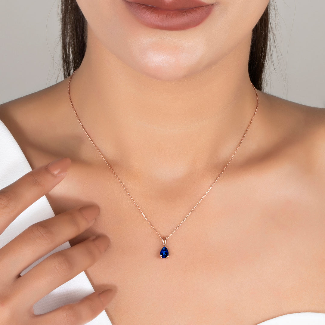 925 Ayar Gümüş Damla Safir Kolye, 14 Ayar Altın Kaplama Kolye, Sevgiliye Anneye Doğum Günü Hediyesi